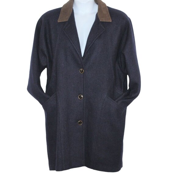 Vintage 80s JOFELD Medium Leather Trim Collar Navy Blue Wool Blend Coat USA - Picture 2 of 12
